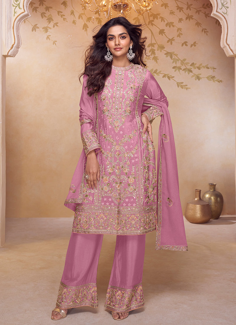 Pink Multi Embroidered Pant Style Suit