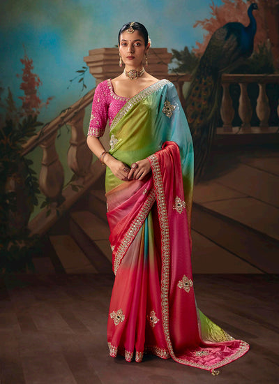 Pink Multicolored Embroidered Party Wear Silk Saree