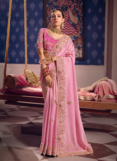 Pink Two Tone Embroidered Tissue Silk Saree