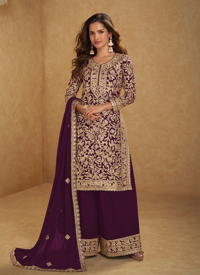 Plum Purple Embroidered Festive Palazzo Suit