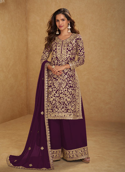 Plum Purple Embroidered Festive Palazzo Suit
