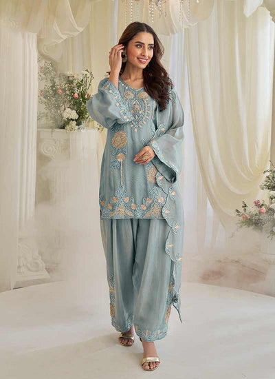 Powder Blue Handwork Embroidery Pant Style Suit
