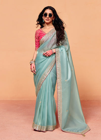 Power Blue and Pink Embroidered Bridal Saree