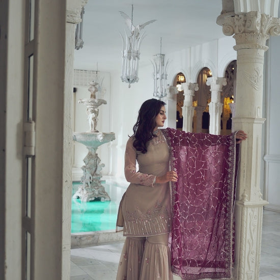 Dahlia – Beige Berry Gharara Suit
