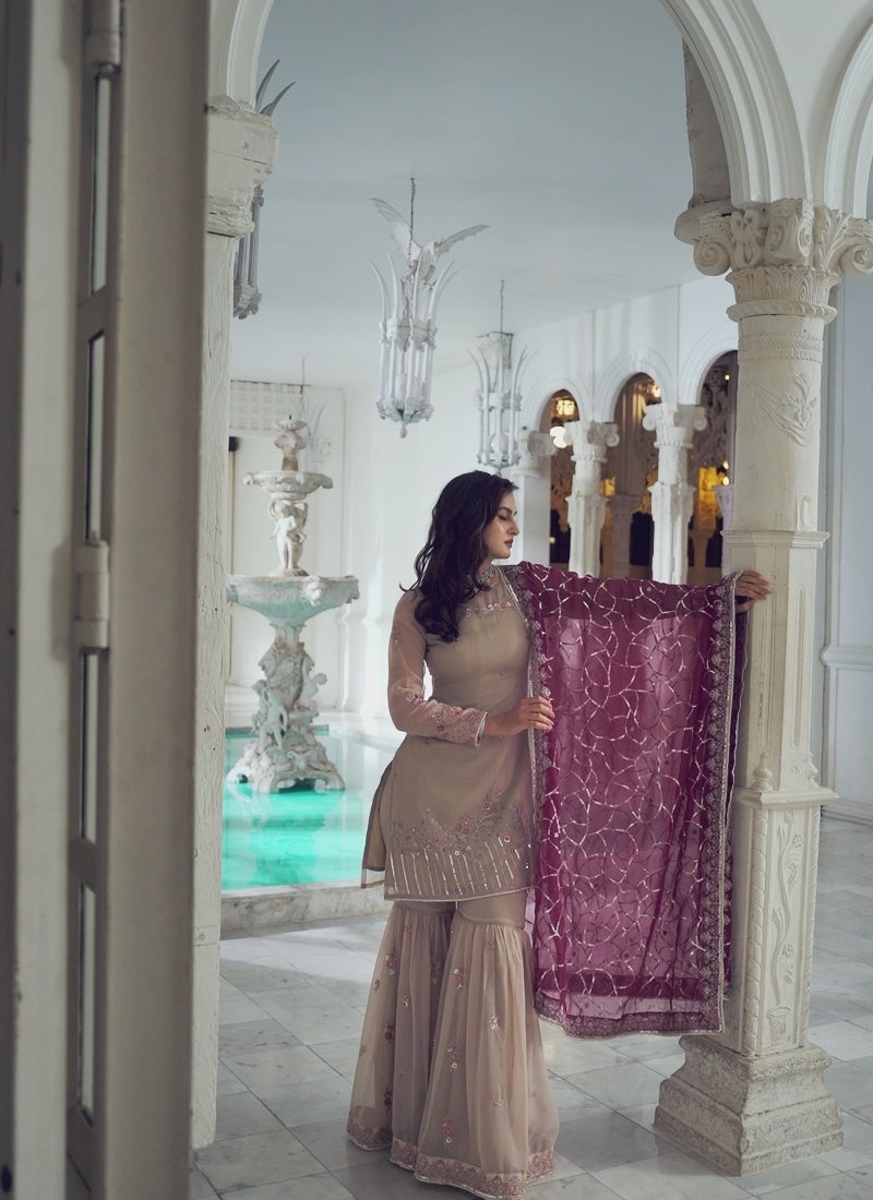 Dahlia – Beige Berry Gharara Suit