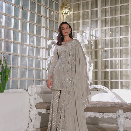 Shafaq – Silver Grey Gharara Set