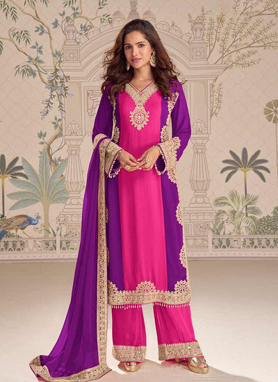 Purple and Pink Embroidery Georgette Palazzo Suit