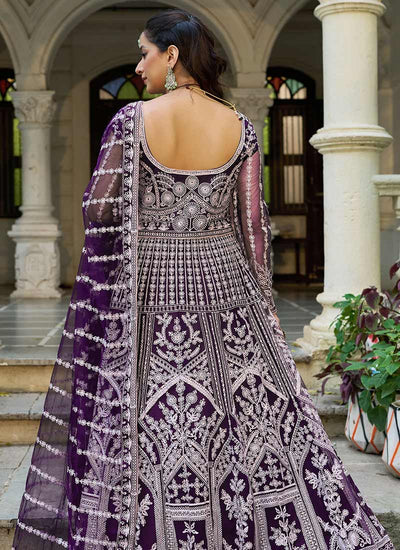 Purple Embroidered Net Anarkali Gown
