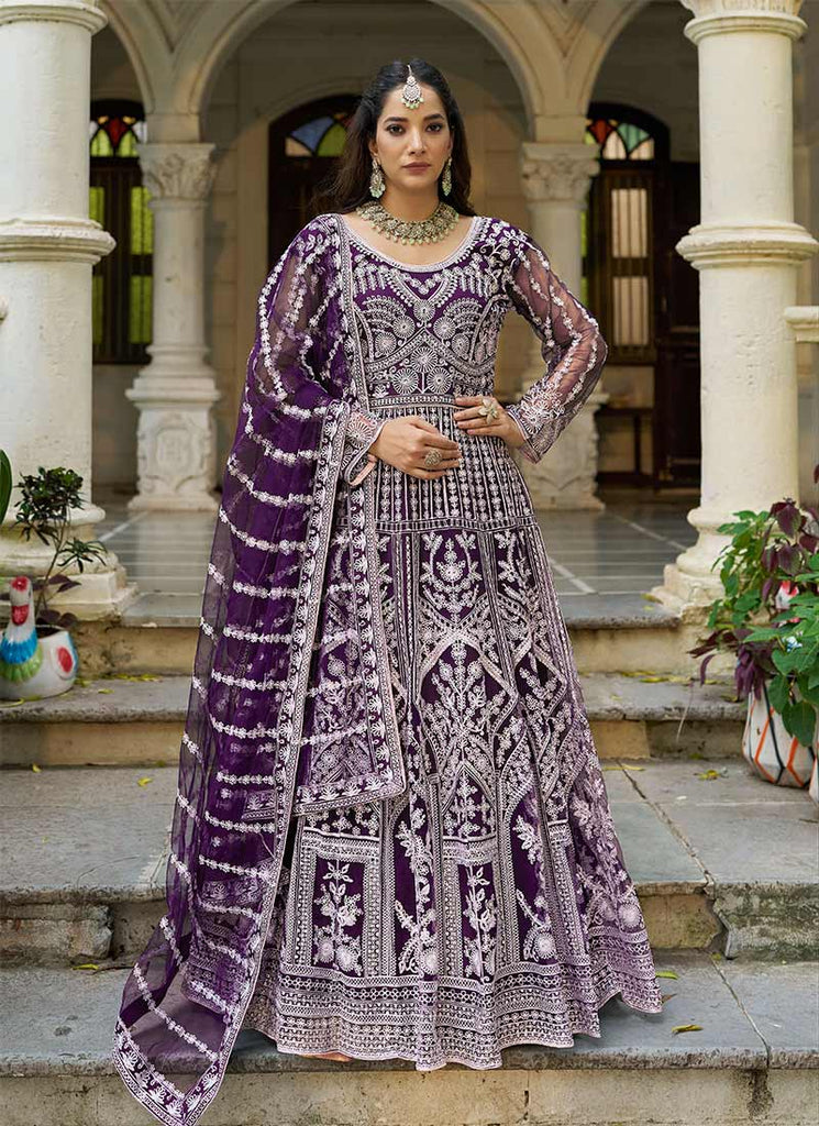 Purple Embroidered Net Anarkali Gown
