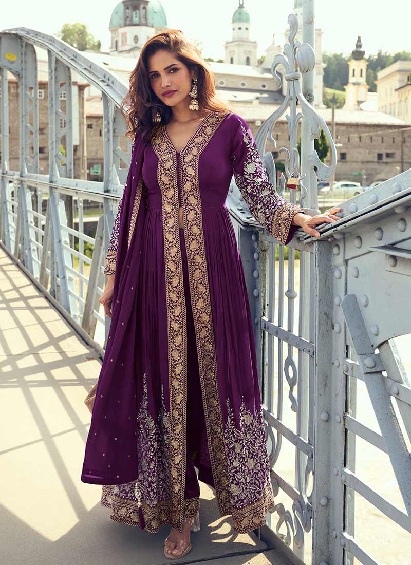 Purple Embroidered Slit Style Anarkali Pant Suit