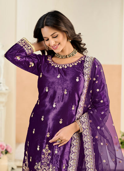 Purple Embroidery Dhoti Style Pant Suit