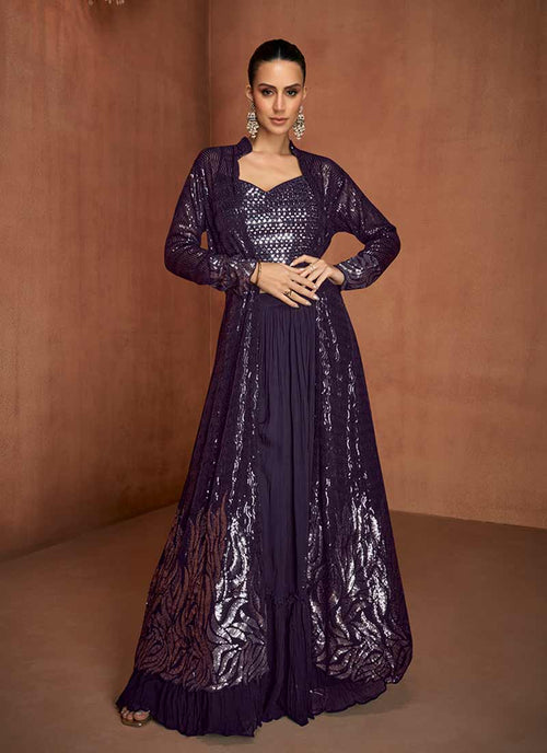 Purple Sequins Embroidery Jacket Style Lehenga