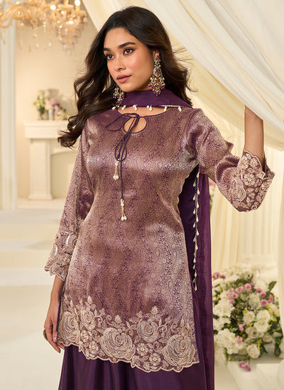 Purple Handwork Embroidery Palazzo Style Suit