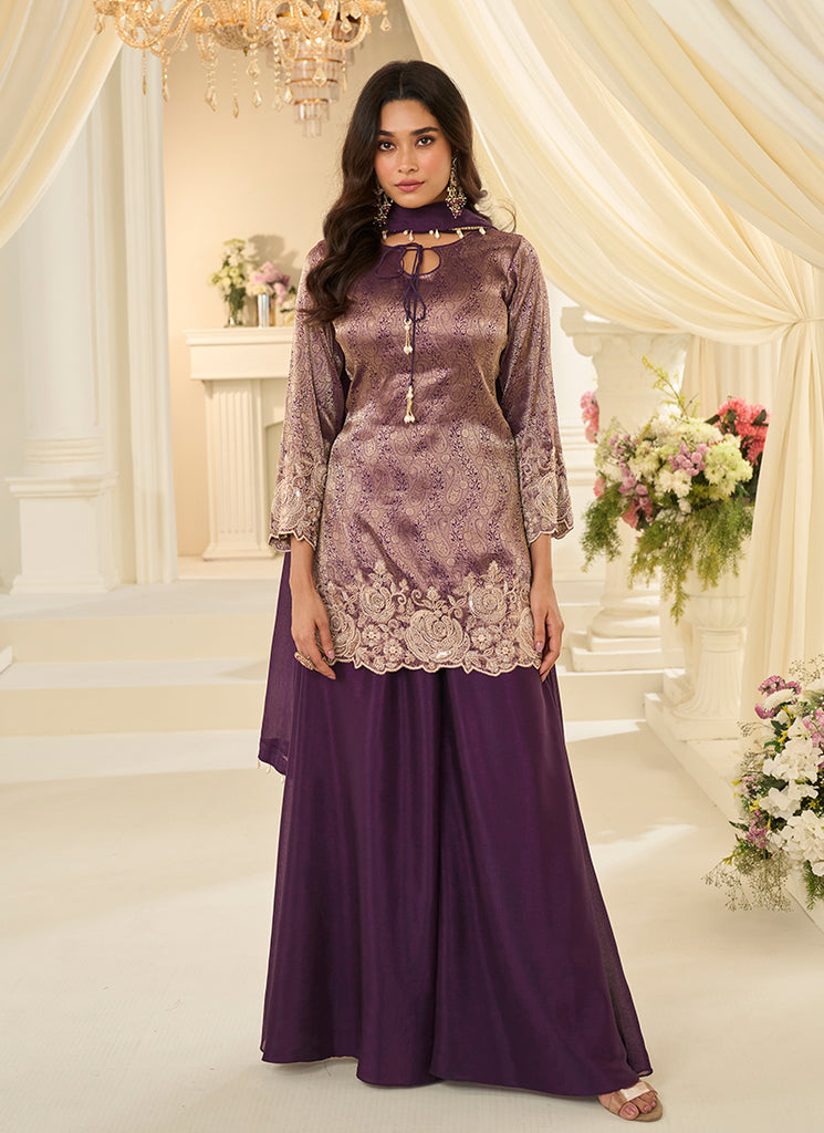 Purple Handwork Embroidery Palazzo Style Suit