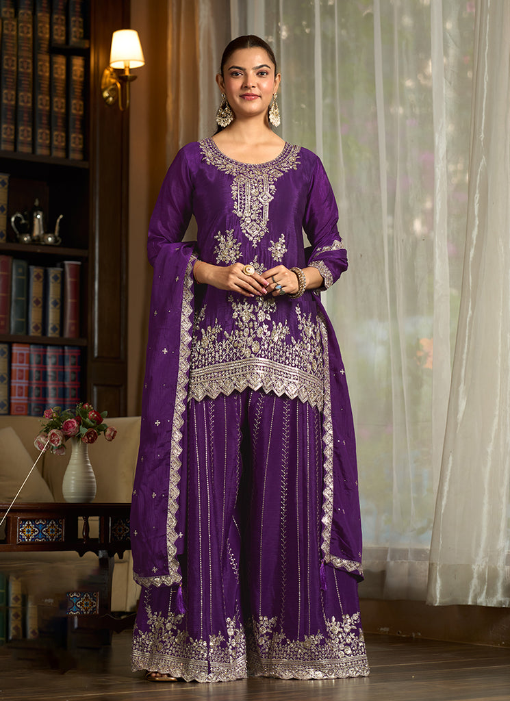 Purple Embroidered Chinnon Silk Palazzo Suit