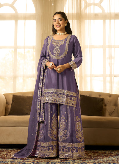 Purple Embroidery Chinnon Silk Palazzo Suit