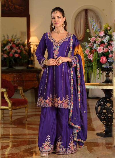 Purple Reshamkari Embroidery Palazzo Suit