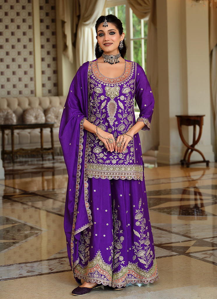 Purple Designer Embroidered Palazzo Suit