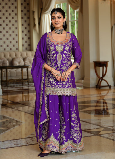 Purple Designer Embroidered Palazzo Suit