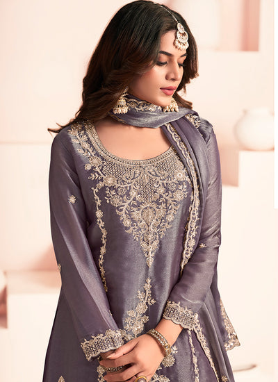 Purple Embroidery Silk Palazzo Suit