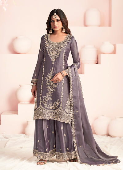 Purple Embroidery Silk Palazzo Suit