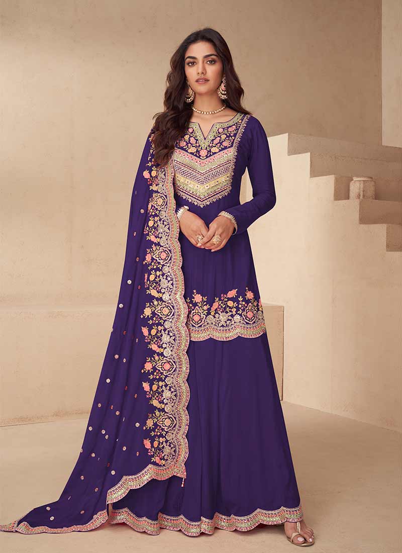 Purple Multi Embroidered Silk Palazzo Suit