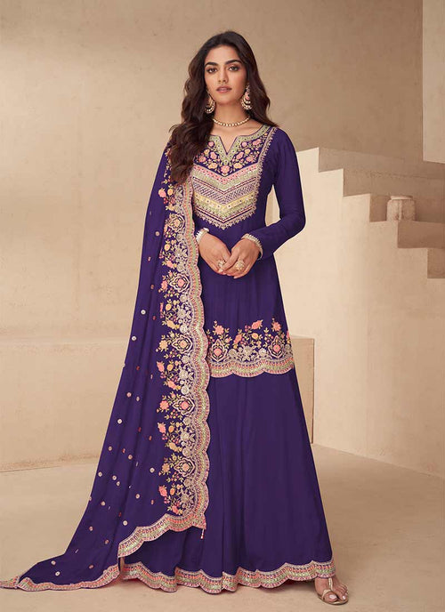 Purple Multi Embroidered Silk Palazzo Suit