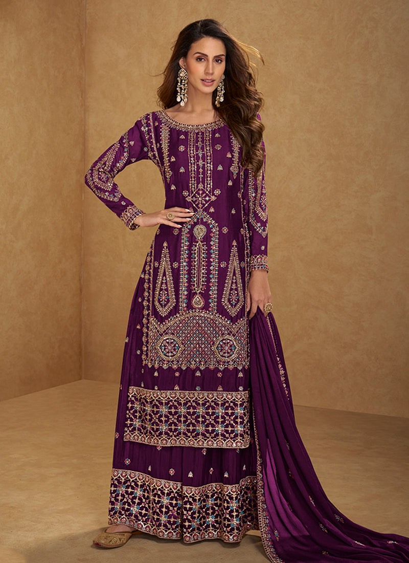Deep Purple Multi Embroidered Palazzo Suit