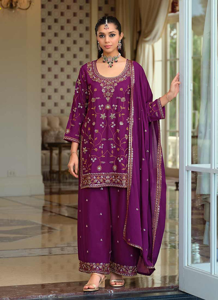 Jam Purple Embroidered Kurta and Pant Suit