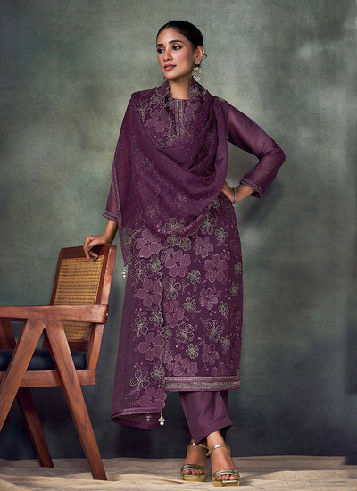 Purple Embroidery Pant Style Suit