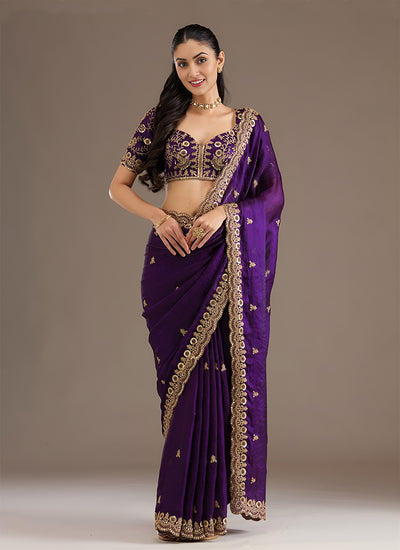 Purple Multi Embroidered Wedding Saree