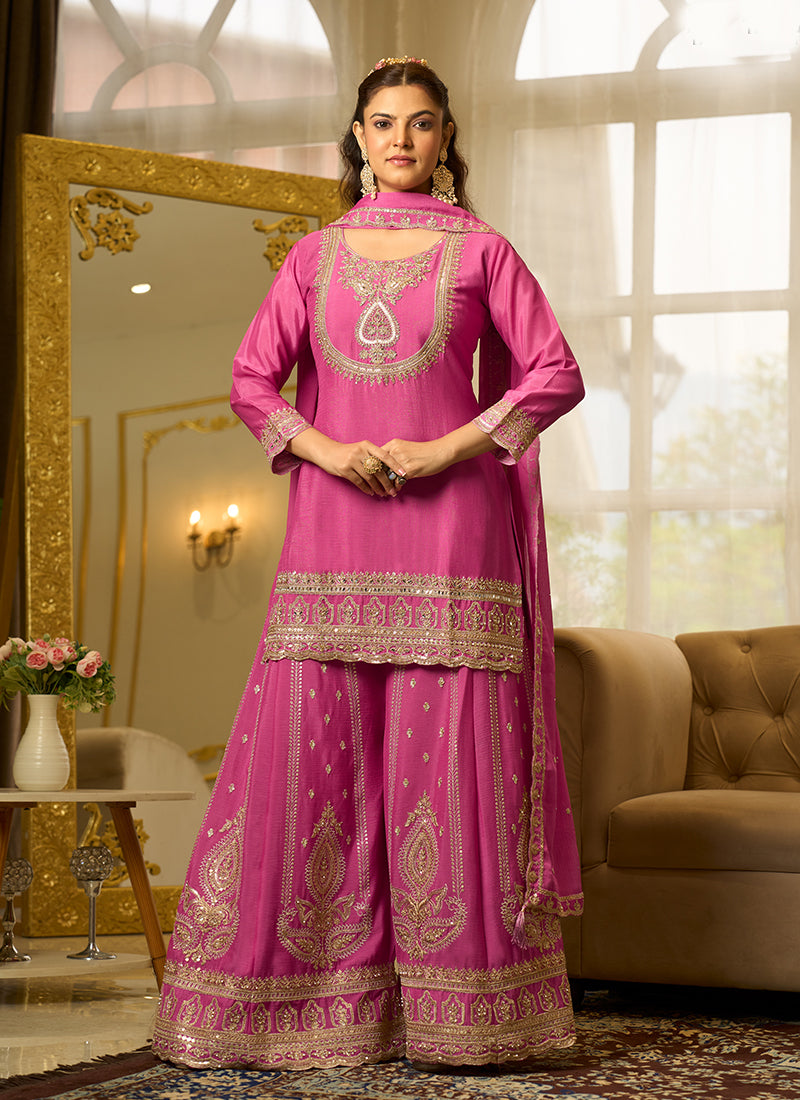 Rani Pink Embroidered Chinnon Silk Palazzo Suit