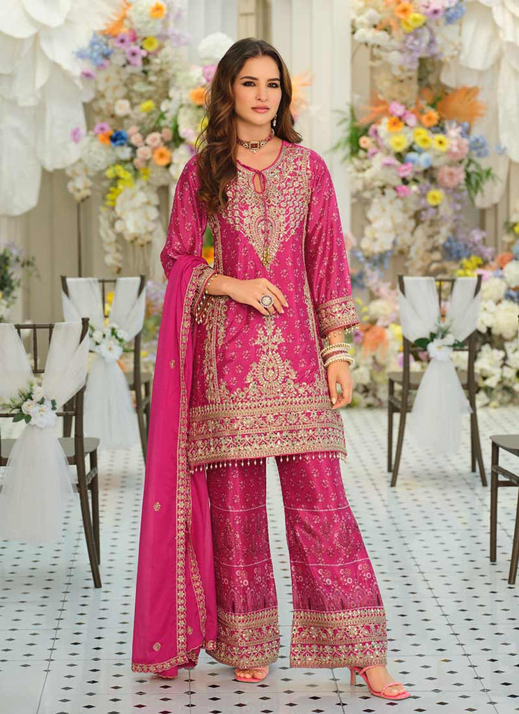 Rani Pink Embroidery Printed Palazzo Suit