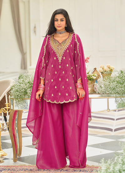 Rani Pink Embroidery Party Wear Palazzo Suit