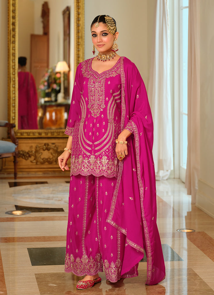 Rani Pink Reshamkari Embroidered Festive Palazzo Suit
