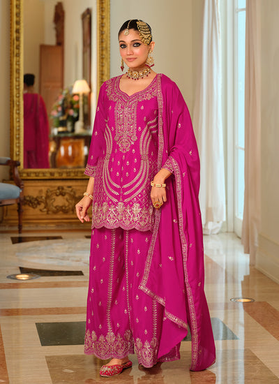 Rani Pink Reshamkari Embroidered Festive Palazzo Suit