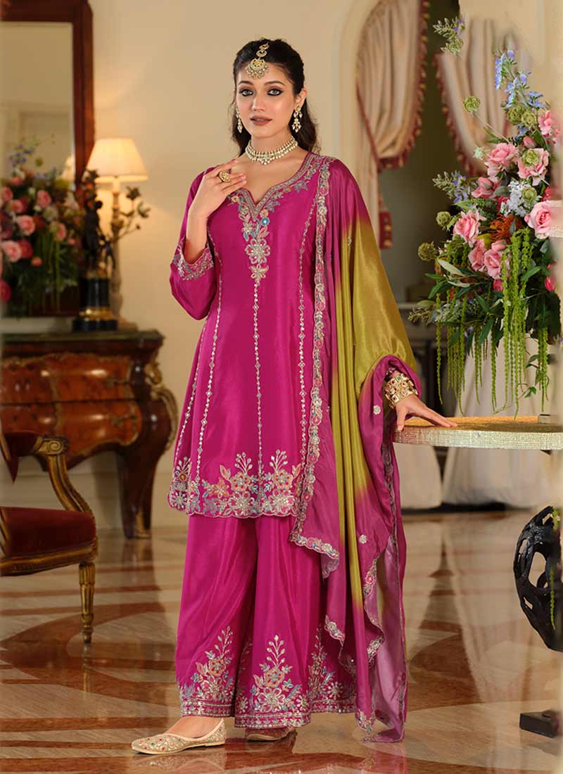 Rani Pink Reshamkari Embroidered Palazzo Suit