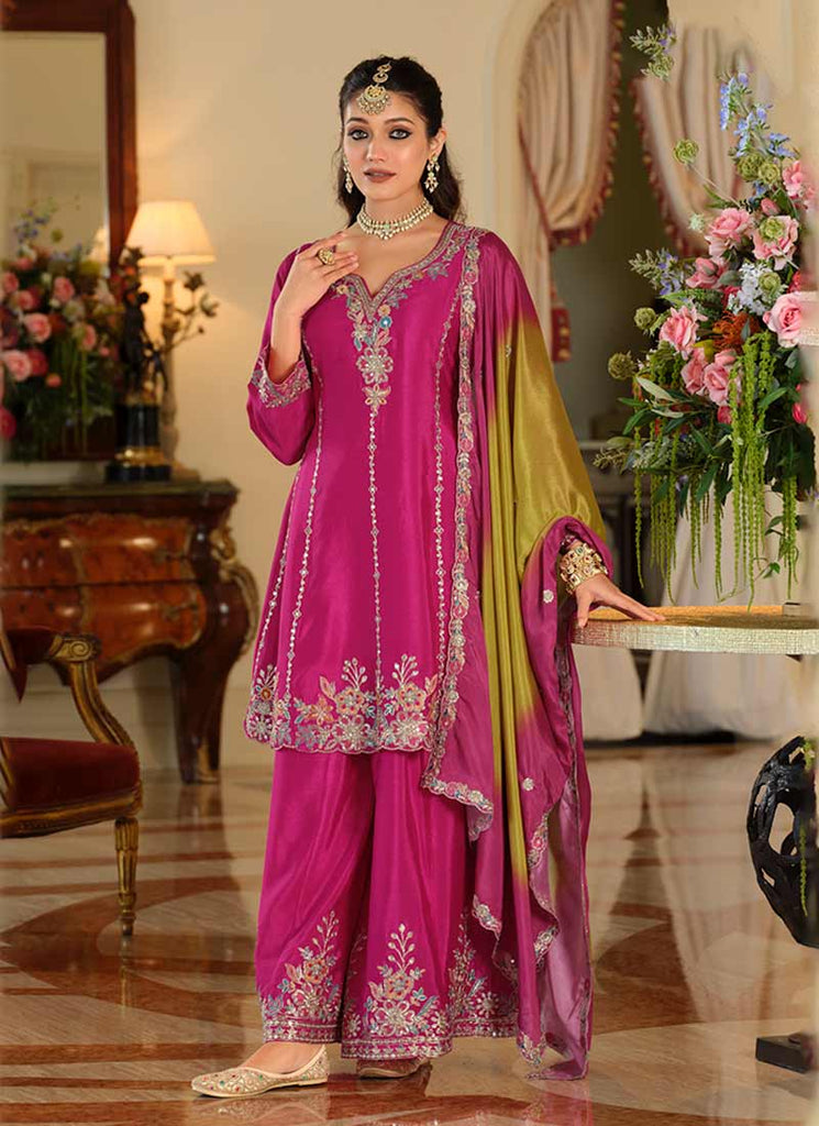 Rani Pink Reshamkari Embroidered Palazzo Suit