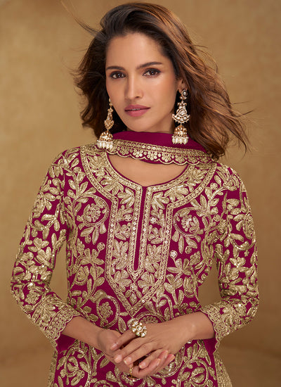 Rani Pink Embroidered Festive Palazzo Suit