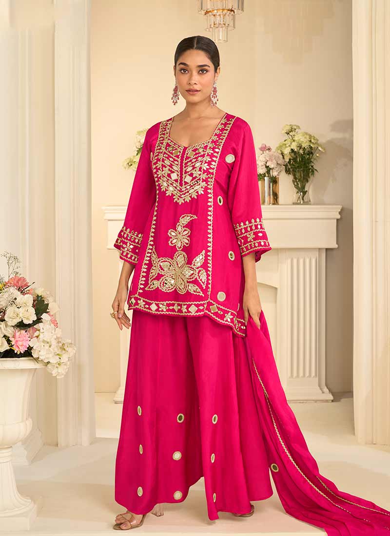 Rani Pink Mirror Embroidery Sharara Style Suit