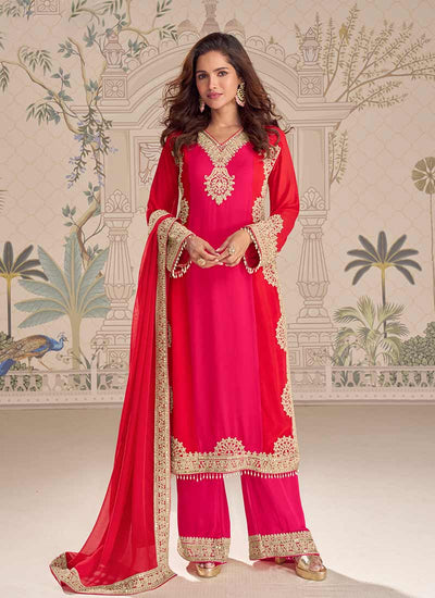 Red and Pink Embroidery Georgette Palazzo Suit