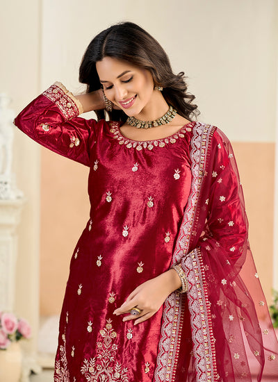 Red Embroidery Dhoti Style Pant Suit