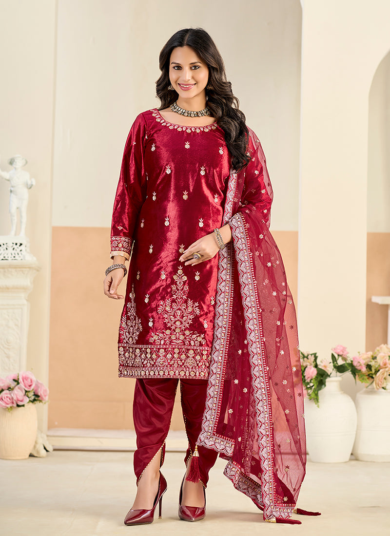 Red Embroidery Dhoti Style Pant Suit