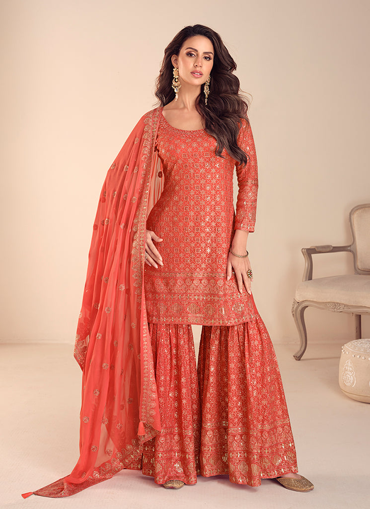 Red Orange Sequins Embroidery Gharara Style Suit