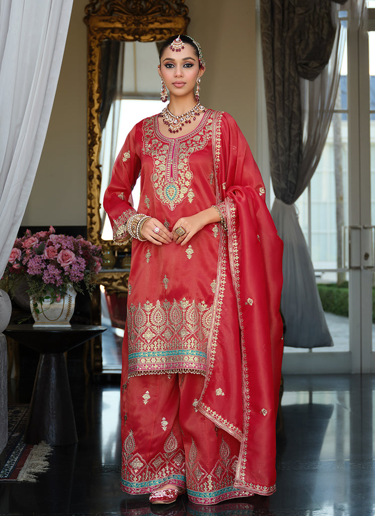 Red Traditional Embroidery Palazzo Suit