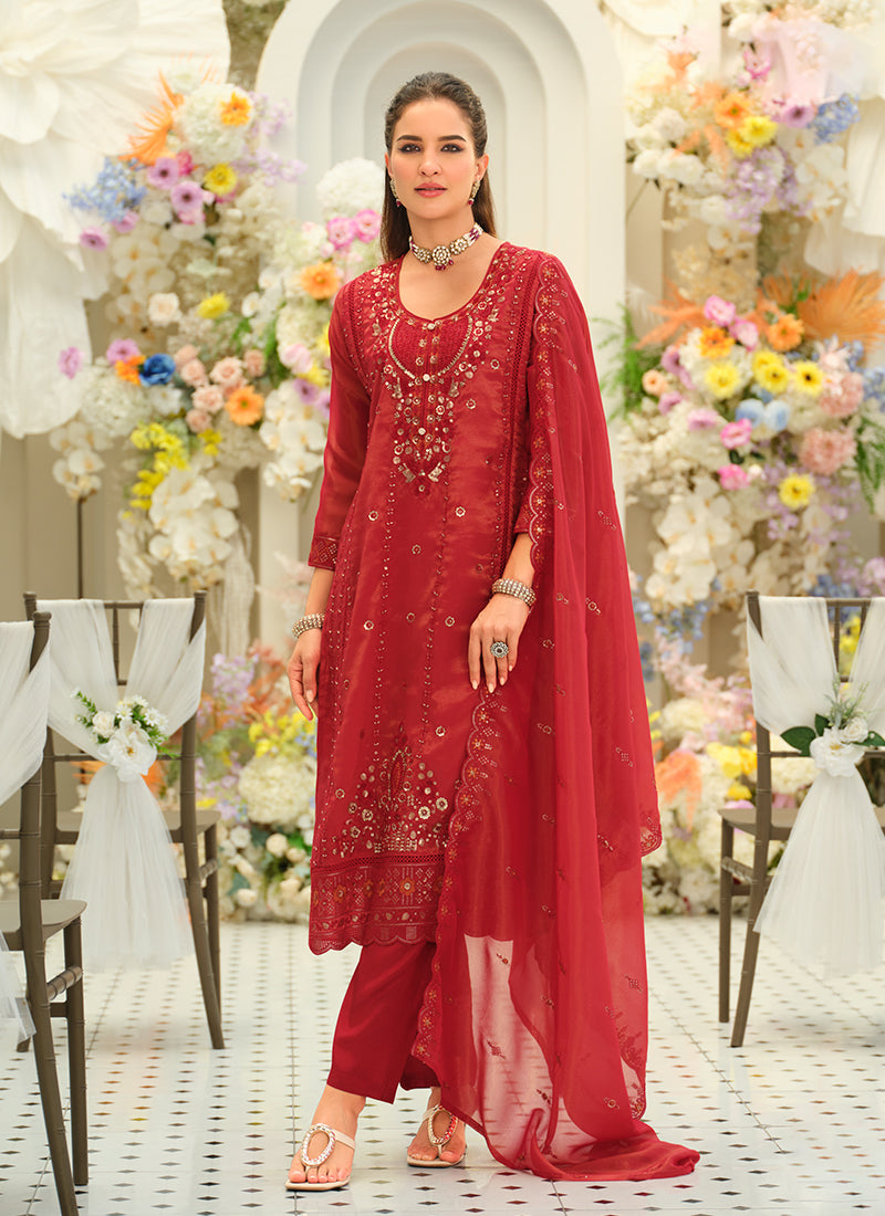 Bridal Red Embroidery Pant Style Suit