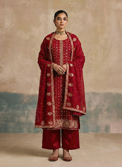 Cherry Red Traditional Embroidery Festive Salwar Kameez