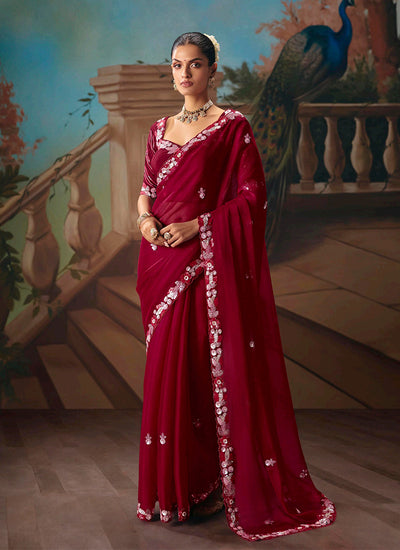 Crimson Red Embroidered Party Wear Silk Saree
