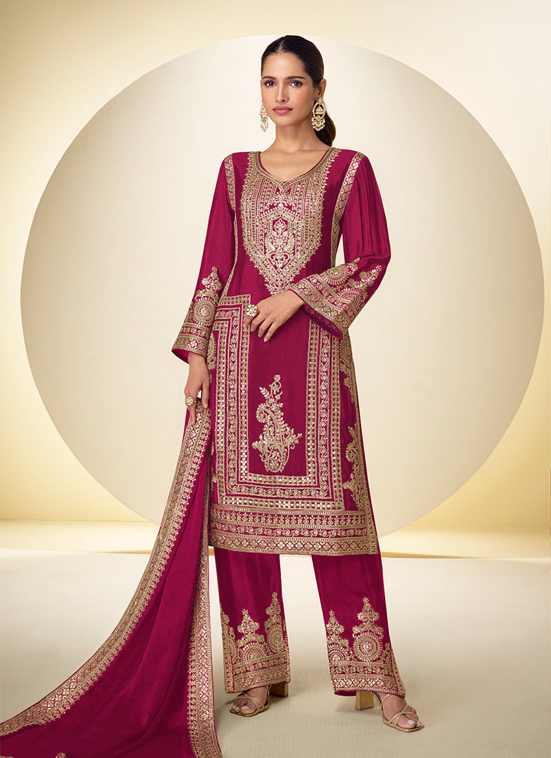 Rich Pink Embroidered Silk Pant Style Suit