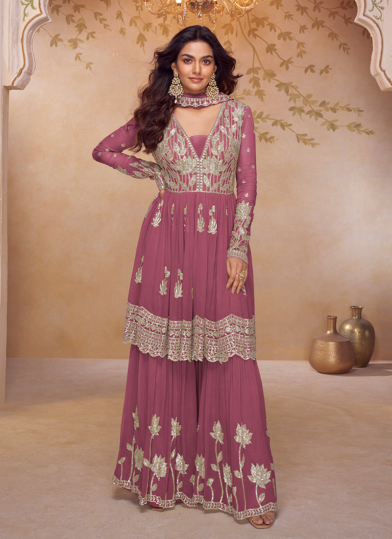 Rose Pink Embroidered Gharara Style Suit